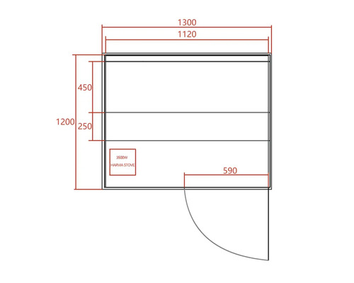 Technische Zeichnung einer Sauna mit Maßangaben und Positionierung des 3500W Harvia Ofens