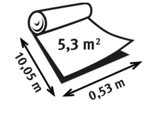 Illustration einer Tapetenrolle mit den Maßen 10,05 Meter Länge und 0,53 Meter Breite, was 5,3 Quadratmeter ergibt.