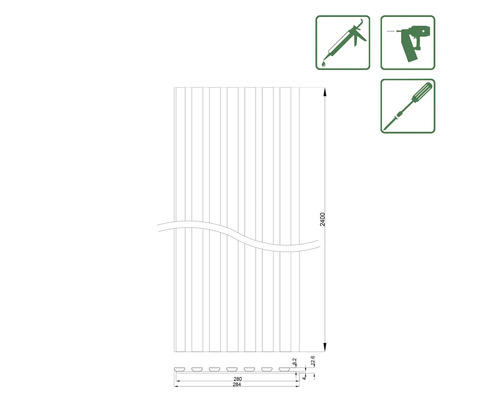 Technische Zeichnung eines Fassadenprofils mit Maßangaben und Werkzeugsymbolen