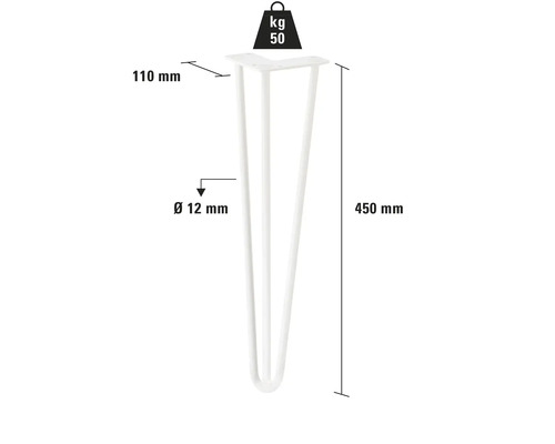 Tischbein, 450 mm hoch, Durchmesser 12 mm, maximale Belastung 50 kg