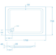 Technische Zeichnung einer Duschwanne mit Maßangaben