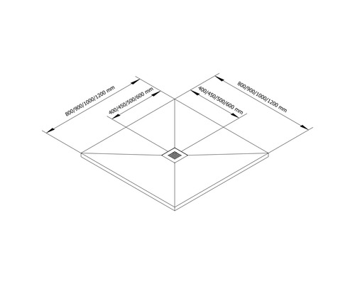 Technische Zeichnung einer Duschwanne mit Maßangaben