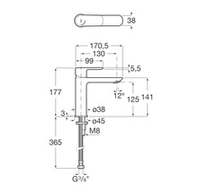 Technische Zeichnung einer Armatur mit Maßangaben