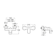 Technische Zeichnung einer Badarmatur mit Maßangaben