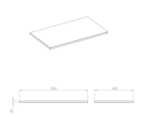 Technische Zeichnung einer Arbeitsplatte mit den Maßen 806 x 460 x 20 Millimeter