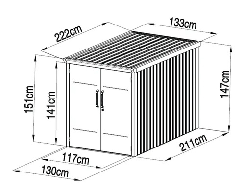 Technische Zeichnung eines Geräteschuppens mit Maßangaben