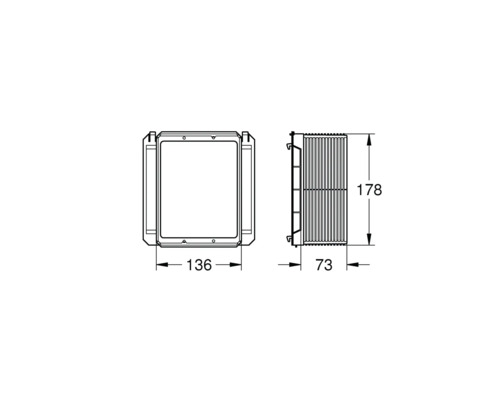 Technische Zeichnung eines Lüftungsgitters mit den Maßen 178 x 136 x 73 mm.
