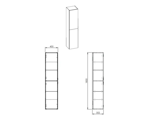Technische Zeichnung eines Hochschranks mit den Maßen 400 x 1800 x 352 mm