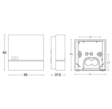 Technische Zeichnung eines Unterputzkastens mit Maßangaben.