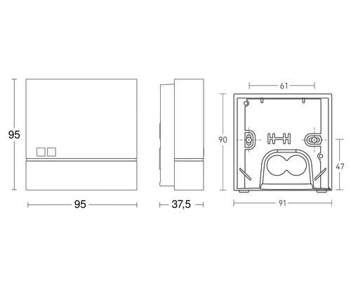 Technische Zeichnung eines Unterputzkastens mit Maßangaben