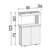 Abbildung eines Aquariums mit Unterschrank und Maßangaben