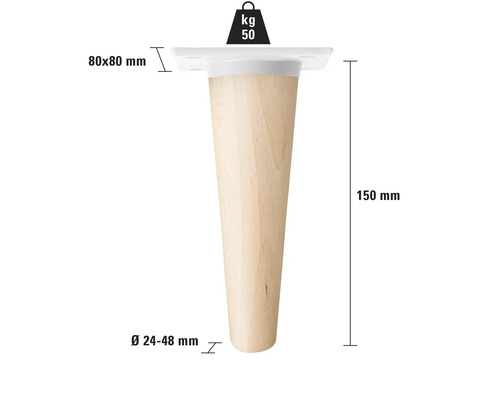 Möbelfuß aus Holz mit einer Traglast von 50 Kilogramm und den Maßen 150 x 80 x 80 Millimeter