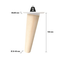 Möbelfuß aus Holz, 150 mm hoch, mit den Maßen 80x80 mm oben und einem Durchmesser von 24 bis 48 mm unten, Belastbarkeit 50 kg