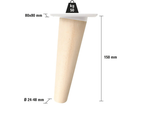 Möbelfuß aus Holz, 150 mm hoch, mit den Maßen 80x80 mm oben und einem Durchmesser von 24 bis 48 mm unten, Belastbarkeit 50 kg