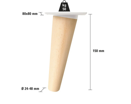 Möbelfuß aus Holz, konische Form, 150 mm hoch, 50 kg Traglast