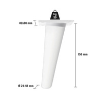 Möbelfuß mit den Maßen 150 mm Höhe, 80 x 80 mm Montageplatte und 24 bis 48 mm Durchmesser, maximale Belastbarkeit 50 Kilogramm