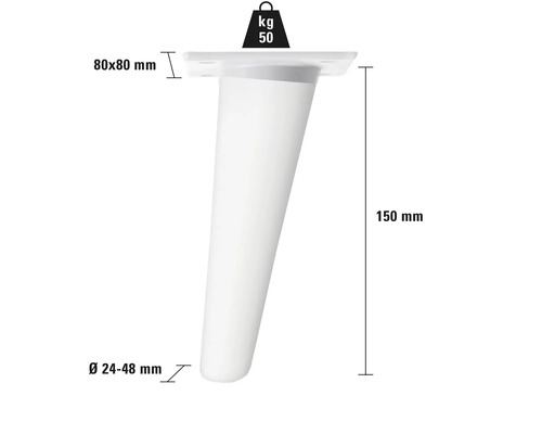 Möbelfuß mit den Maßen 150 mm Höhe, 80 x 80 mm Montageplatte und 24 bis 48 mm Durchmesser, maximale Belastbarkeit 50 Kilogramm