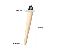 Holzmöbelbein, 300 mm lang, Durchmesser unten 24 bis 48 mm, Montageplatte 80 x 80 mm, maximale Belastbarkeit 50 kg