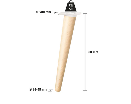 Holzmöbelbein, 300 mm lang, Durchmesser unten 24 bis 48 mm, Montageplatte 80 x 80 mm, maximale Belastbarkeit 50 kg