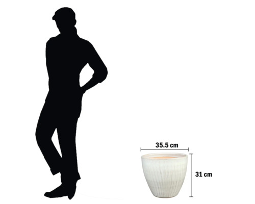 Weißer Pflanztopf mit den Maßen 35,5 cm mal 31 cm.