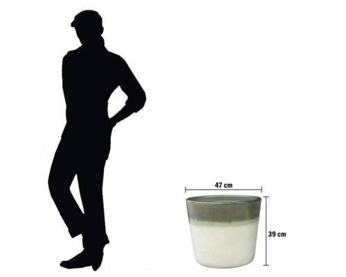 Dekorativer Pflanztopf mit den Maßen 47 mal 39 cm neben einer Silhouette