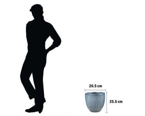 Blumentopf mit Größenangaben und Personensilhouette zum Größenvergleich