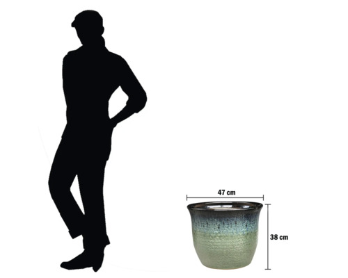 Dekorativer Pflanztopf mit den Maßen 47 cm Breite und 38 cm Höhe.