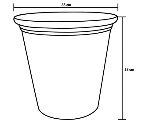 Illustration eines Pflanzkübels mit Abmessungen von 38 cm Höhe und 38 cm Durchmesser.