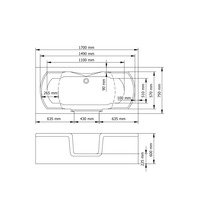 Technische Zeichnung einer Badewanne mit Maßangaben