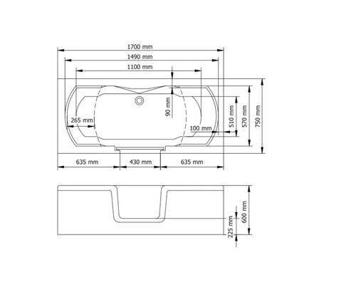 Technische Zeichnung einer Badewanne mit Maßangaben