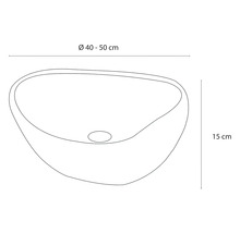 Zeichnung eines Aufsatzwaschbeckens mit den Maßen Durchmesser 40 bis 50 Zentimeter und Höhe 15 Zentimeter