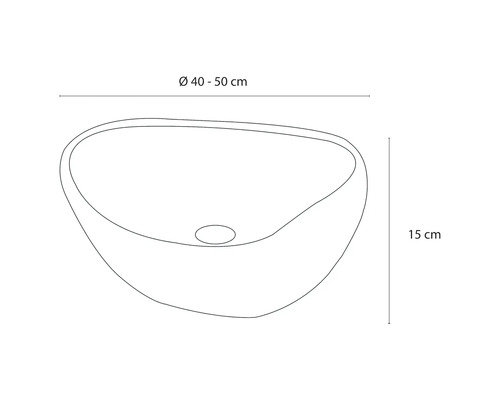Zeichnung eines Aufsatzwaschbeckens mit den Maßen Durchmesser 40 bis 50 Zentimeter und Höhe 15 Zentimeter