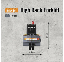 Hochregalstapler Bausatz mit 109 Teilen und einer Größe von 8,4 mal 6,4 Zentimeter