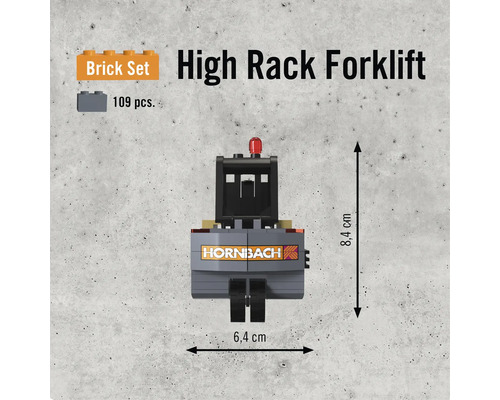 Hochregalstapler Bausatz mit 109 Teilen und einer Größe von 8,4 mal 6,4 Zentimeter
