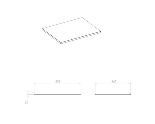 Arbeitsplatte mit den Maßen 606 x 460 x 20 mm als Schemazeichnung