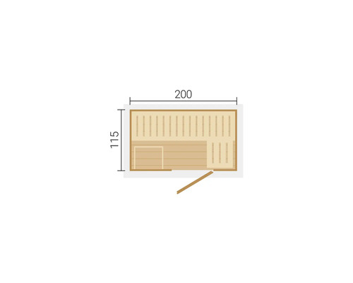 Grundriss einer Sauna mit den Maßen 200 mal 115 Zentimeter.