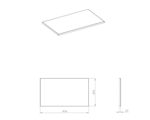 Produktzeichnung einer Waschtischplatte mit den Maßen 804 x 464 x 22 Millimeter.