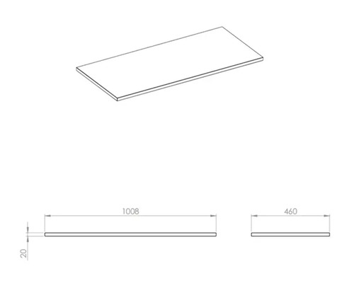 Technische Zeichnung einer Waschtischplatte mit den Maßen 1008 x 460 x 20 Millimeter.