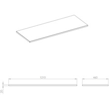 Produktzeichnung einer Arbeitsplatte mit den Maßen 1210 x 460 x 20 Millimeter.