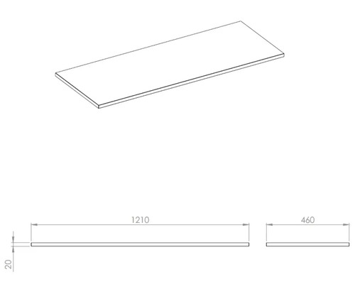 Zeichnung einer Tischplatte mit den Maßen 1210 x 460 x 20 Millimeter.