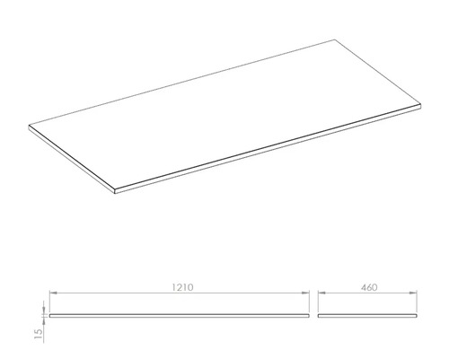 Technische Zeichnung einer Tischplatte mit den Maßen 1210 x 460 x 15 Millimeter.