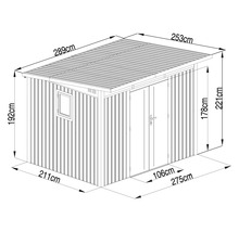 Technische Zeichnung eines Metallgerätehauses mit Maßen
