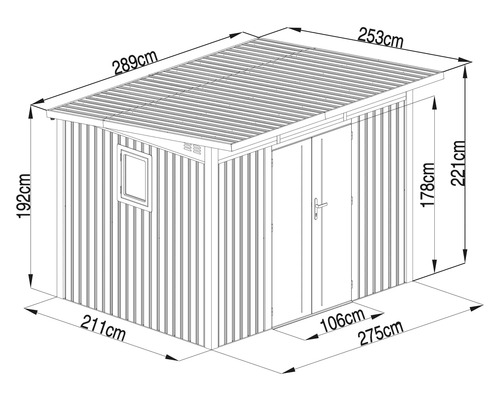 Technische Zeichnung eines Metallgerätehauses mit Maßen