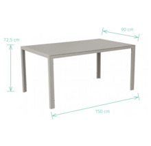 Rechteckiger Gartentisch mit den Maßen 150 mal 90 Zentimeter und einer Höhe von 72,5 Zentimeter.