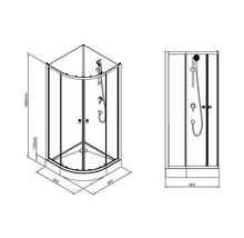 Technische Zeichnung einer Eckdusche mit Maßangaben