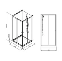 Technische Zeichnung einer Duschkabine mit Maßangaben