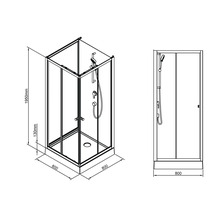 Technische Zeichnung einer Duschkabine mit den Maßen 800 x 800 x 1950 mm