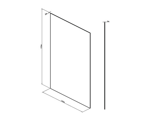 Zeichnung einer Duschwand mit den Maßen 2100 mm Höhe und 1360 mm Breite
