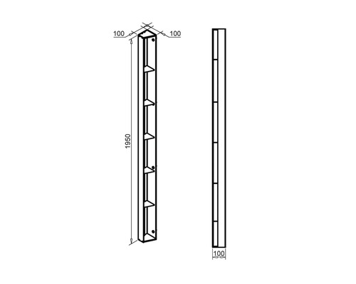 Technische Zeichnung eines 1950 mm hohen und 100 mm breiten Regalsystems