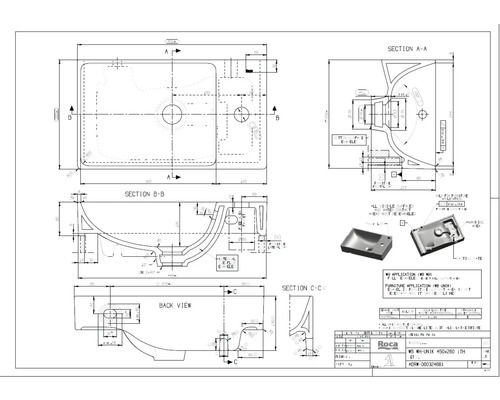 Technische Zeichnung Waschbecken Roca Unik 450x260
